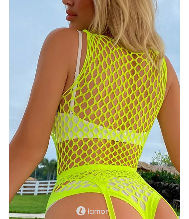 * Snapshot Sexy gele Net body en Jarretelkousen van het merk Snapshot