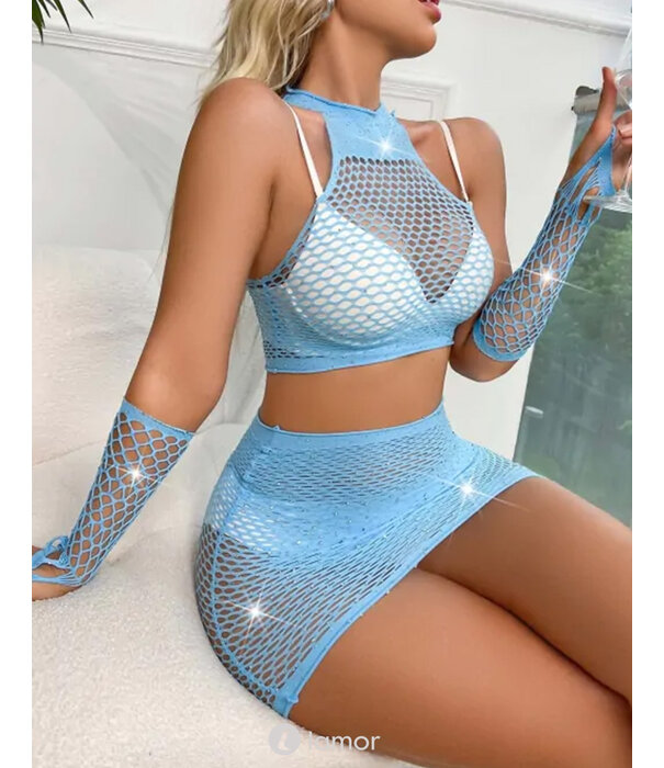 * Snapshot Sexy blauwe Net Top , Rokje & Handshoenen met strass van het merk Snapshot