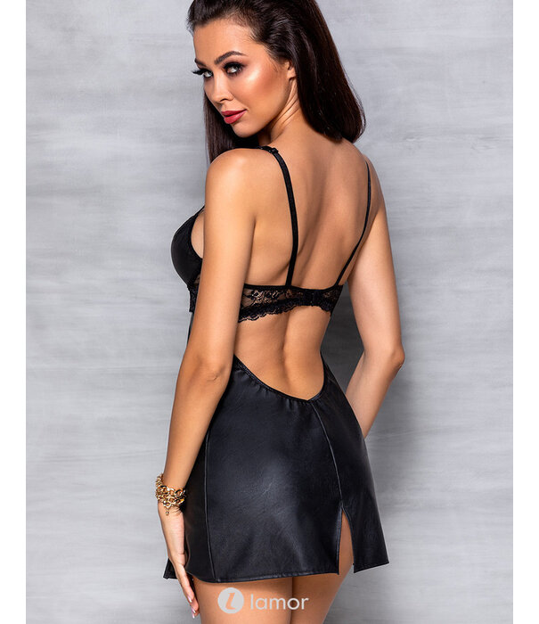 * PASSION Zwarte chemise/Jurkje  Loona in lederlook met kant