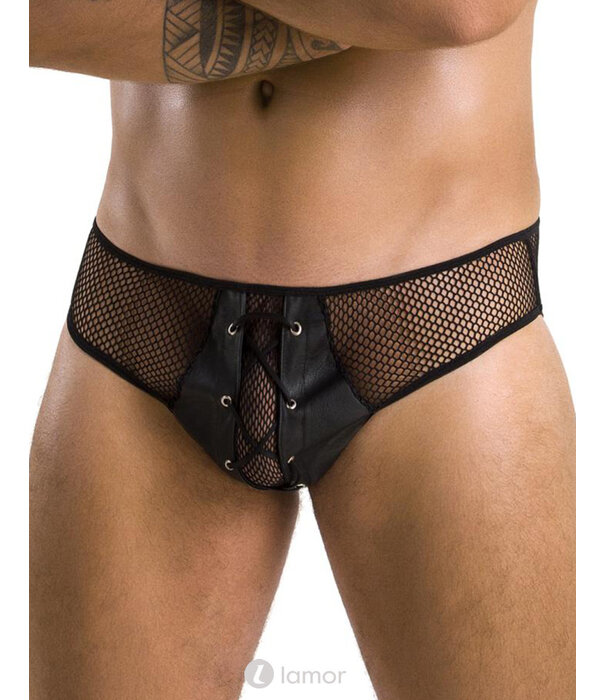 * PASSION MENSWEAR Sexy heren slip van lederlook en mesh van Passion Menswear