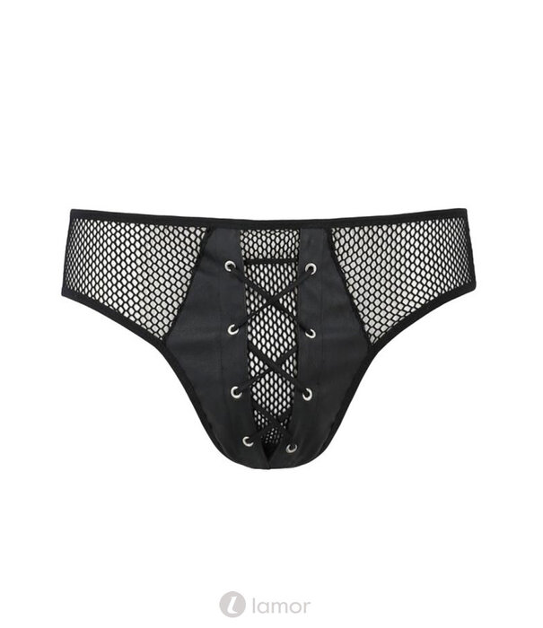 * PASSION MENSWEAR Sexy heren slip van lederlook en mesh van Passion Menswear