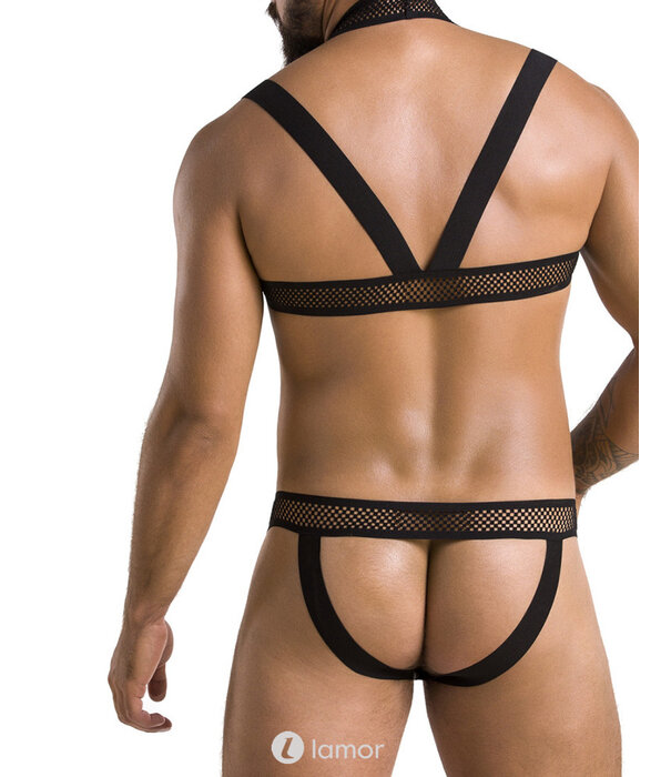 * PASSION MENSWEAR Sexy heren Jockstrap & Harnas  van lederlook en grof mesh materiaal  van Passion Menswear