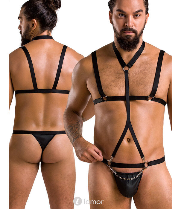 * PASSION MENSWEAR Sexy heren Harnas  set van lederlook metalen elementen  van Passion Menswear
