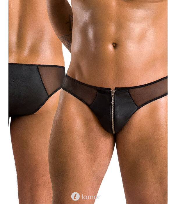 * PASSION MENSWEAR Sexy heren slip van lederlook en mesh van Passion Menswear