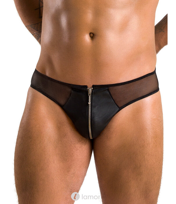 * PASSION MENSWEAR Sexy heren slip van lederlook en mesh van Passion Menswear