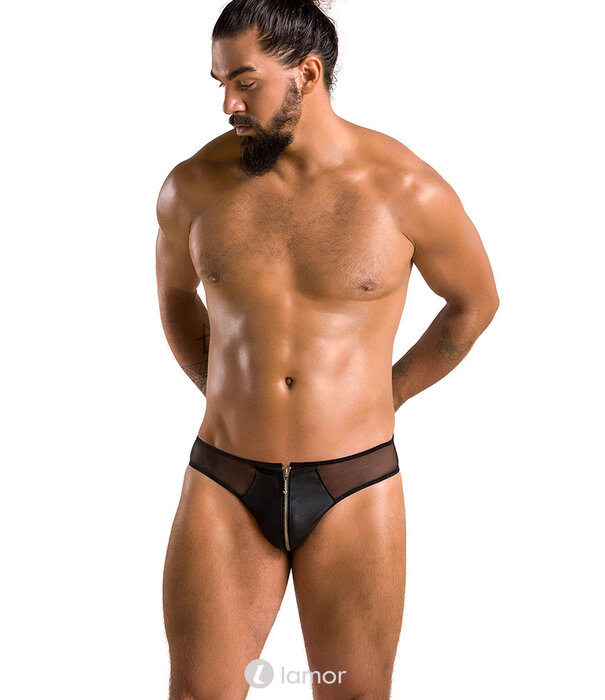 * PASSION MENSWEAR Sexy heren slip van lederlook en mesh van Passion Menswear