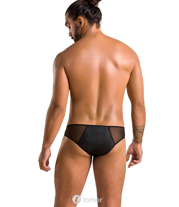 * PASSION MENSWEAR Sexy heren slip van lederlook en mesh van Passion Menswear