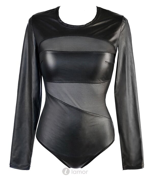 * AXAMI Uniek verfijnde body in zwart transparant tule en lederlook