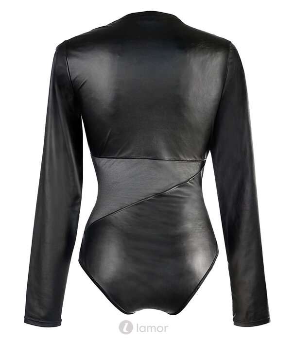 * AXAMI Uniek verfijnde body in zwart transparant tule en lederlook