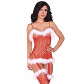 LivCo Corsetti Catriona Bodystocking rood – sexy kerst bodystocking met pluche afwerking en open kruis