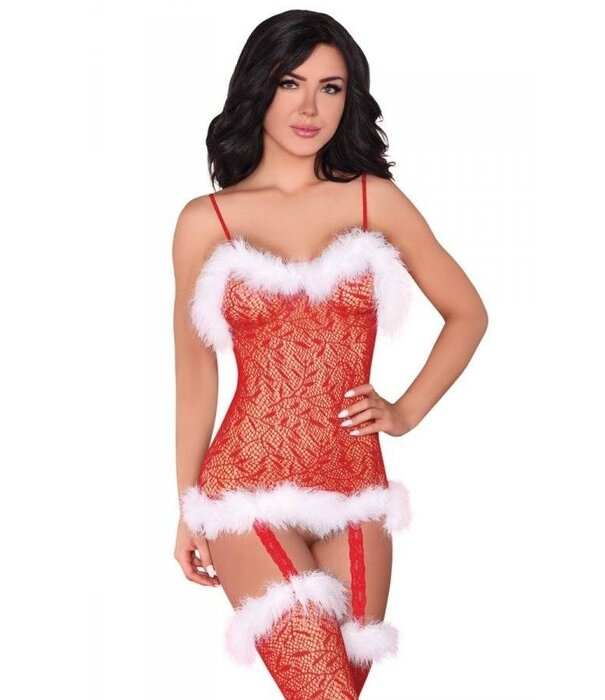 * LIVCO CORSETTI LivCo Corsetti Catriona Bodystocking rood – sexy kerst bodystocking met pluche afwerking en open kruis