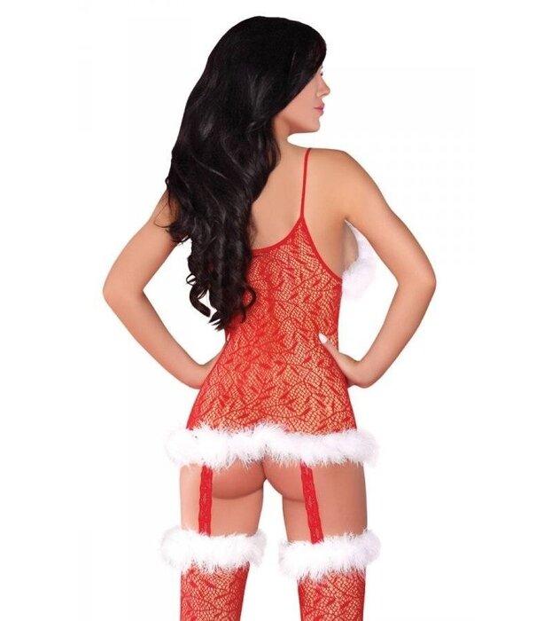 * LIVCO CORSETTI LivCo Corsetti Catriona Bodystocking rood – sexy kerst bodystocking met pluche afwerking en open kruis