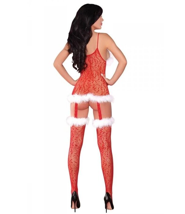 * LIVCO CORSETTI LivCo Corsetti Catriona Bodystocking rood – sexy kerst bodystocking met pluche afwerking en open kruis