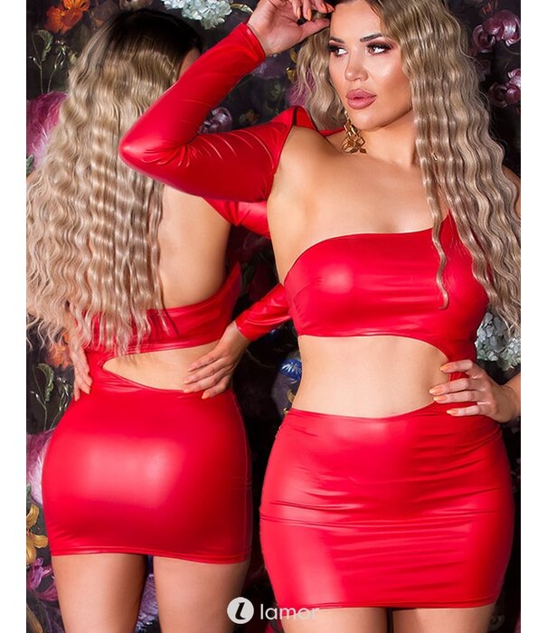 * KOUCLA Sexy rood one-shoulder wetlook mini jurkje