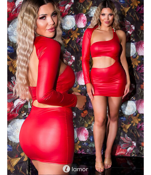 * KOUCLA Sexy rood one-shoulder wetlook mini jurkje