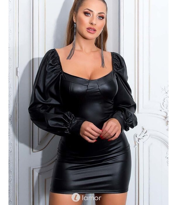 * KOUCLA Sexy mat wetlook mini jurk met pofmouwen