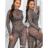 Sexy transparante catsuit in leobeige print