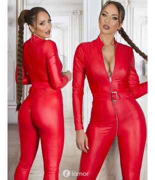 Rode matlook jumpsuit met riem ( S & L)