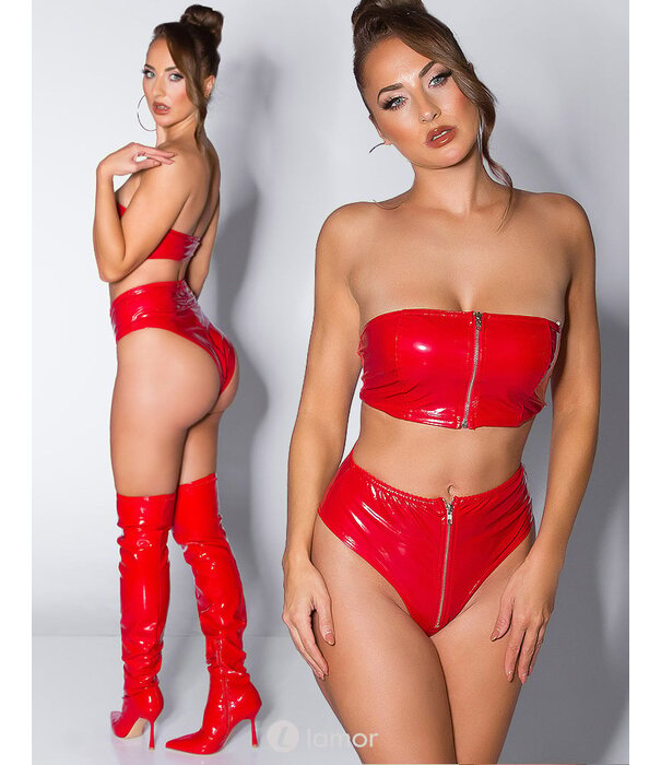 * KOUCLA Sexy Rode latexlook Hotpants met rits aan voorzijden