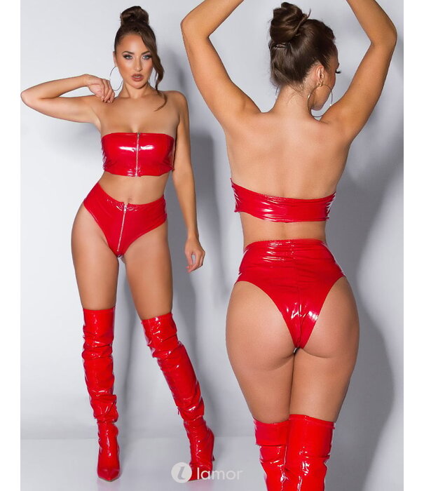 * KOUCLA Sexy Rode latexlook Hotpants met rits aan voorzijden