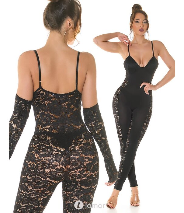 * KOUCLA Sexy zwarte catsuit met kant, IS1668