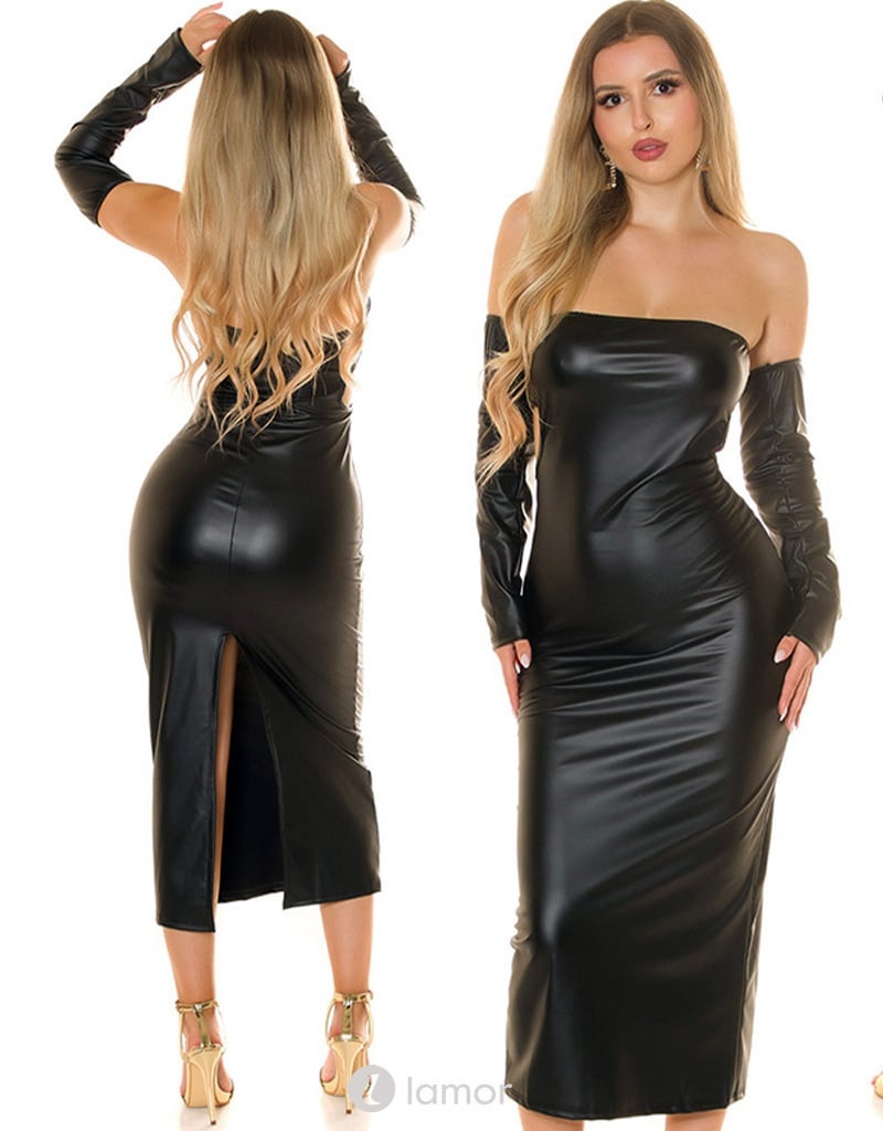 * KOUCLA Zwart Strapless lederlook jurk ,IS7044 afbeelding