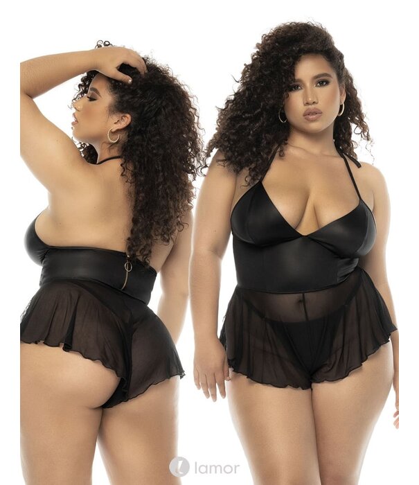 Mapalé Body gemaakt van zwarte mesh en wetlook stof met string van het merk Mapale