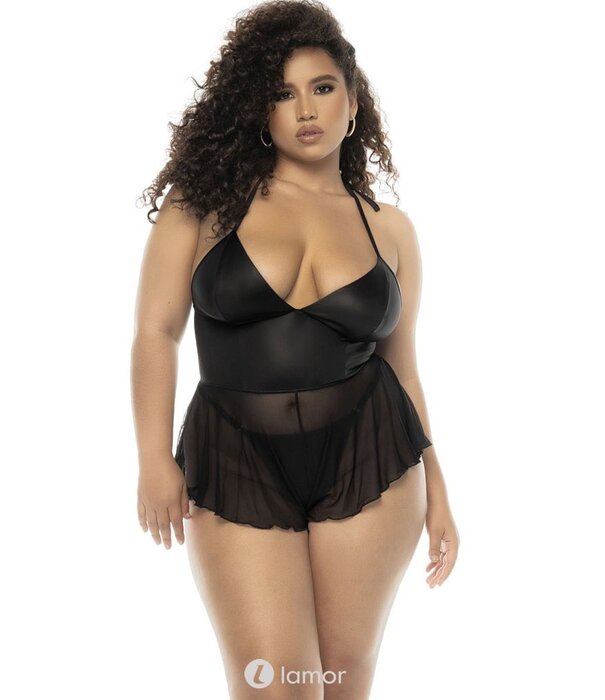 Mapalé Body gemaakt van zwarte mesh en wetlook stof met string van het merk Mapale