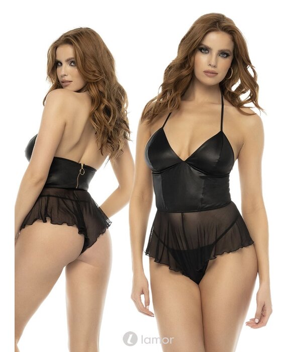 Mapalé Body gemaakt van zwarte mesh en wetlook stof met string van het merk Mapale