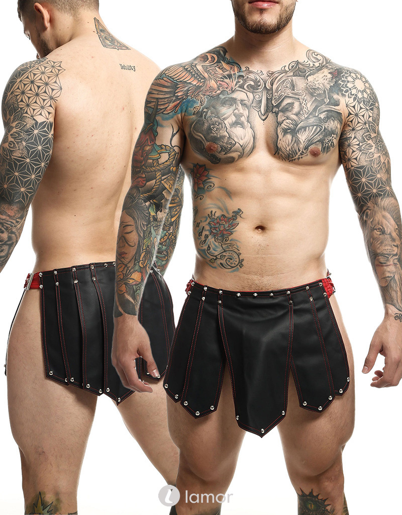 * MOB Eroticwear Lederlook gladiator rok, Roman zwart/rood afbeelding
