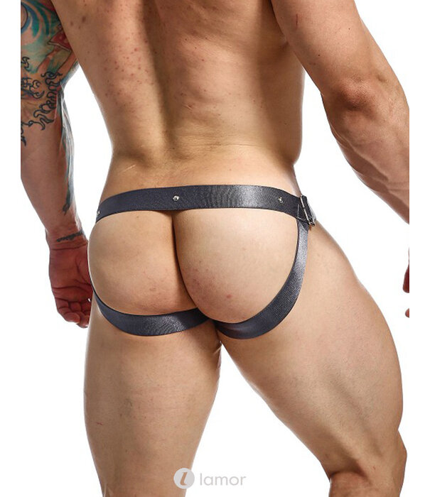 * MOB Eroticwear Sexy grijze heren Jockstrap van lederlook DNGEON Snap Jockstrap