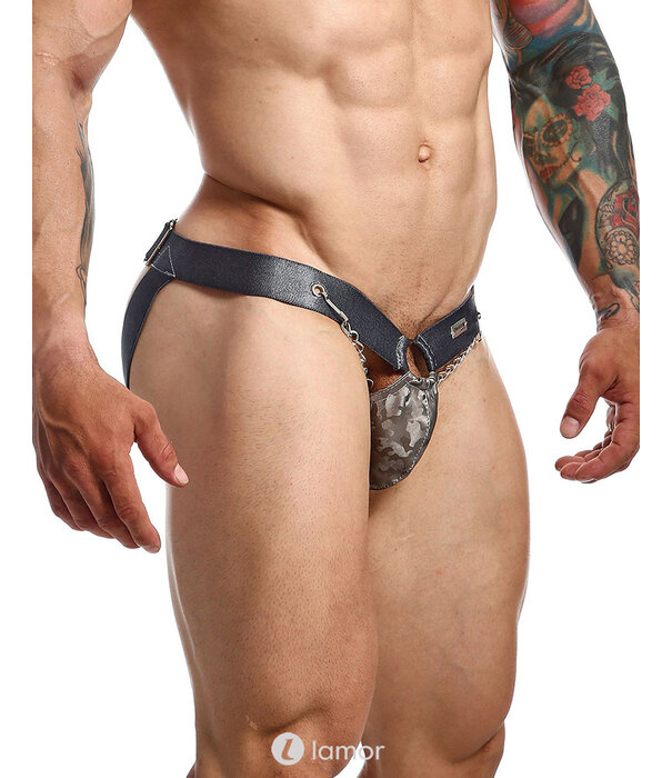 * MOB Eroticwear Sexy grijze heren Jockstrap van lederlook DNGEON Snap Jockstrap