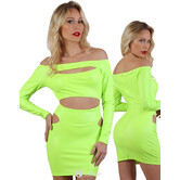 Wetlook Neon geel mini jurk met carmen halslijn