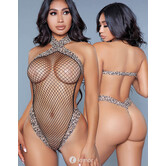 Zwarte netbody met panterprint van Bewicked