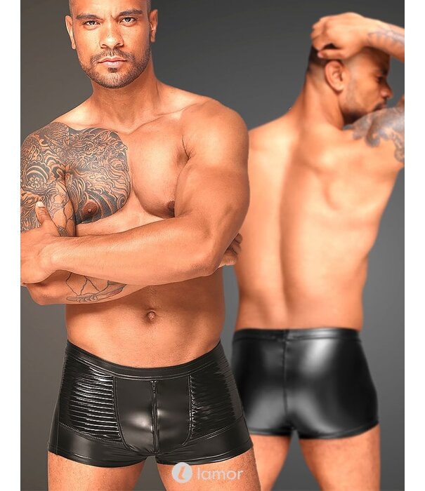 * NOIR handmade Stoere Powerwetlook heren short met PVC delen van Noir Handmade