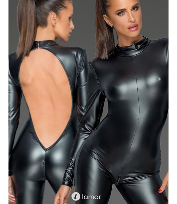 * NOIR handmade Wetlook catsuit met laag uitgesneden rugpartij van Noir Handmade MissBehaved Collection