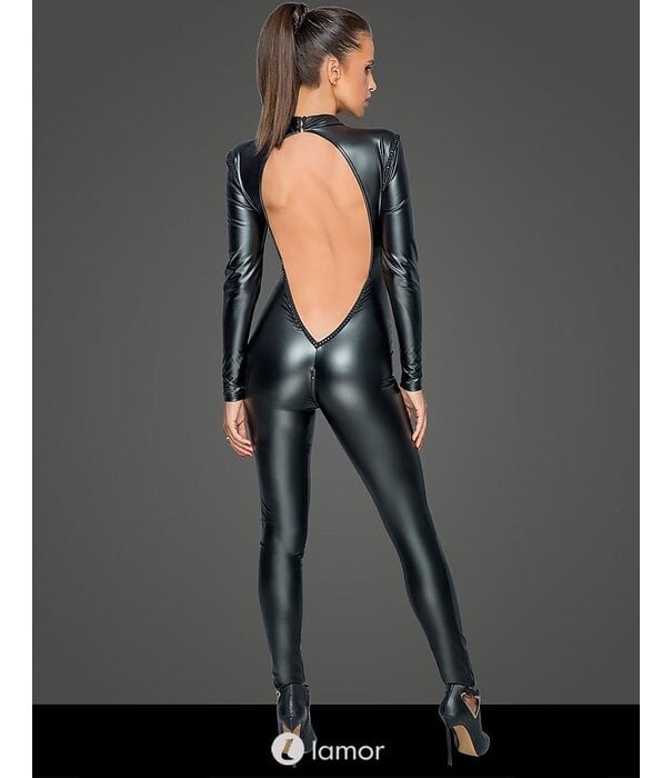 * NOIR handmade Wetlook catsuit met laag uitgesneden rugpartij van Noir Handmade MissBehaved Collection