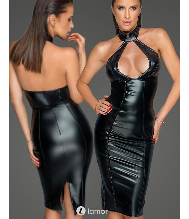 * NOIR handmade Zwarte wetlook  jurk met ruim decolletevan Noir Handmade MissBehaved Collection