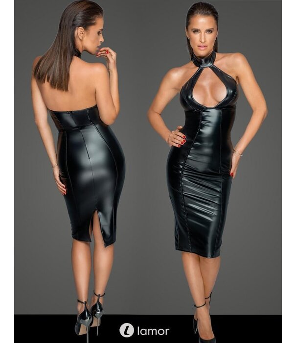 * NOIR handmade Zwarte wetlook  jurk met ruim decolletevan Noir Handmade MissBehaved Collection