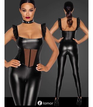 Wetlook catsuit met Tule inzet -F256