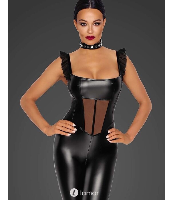 * NOIR handmade Wetlook catsuit met Tule inzet van Noir Handmade  uit de collectie Fucking Fabulous