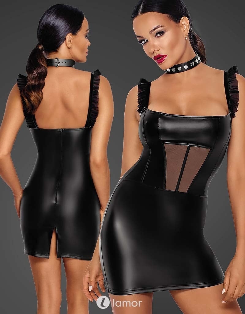 * NOIR handmade Wetlook mini jurk met Tule inzet -F257 afbeelding