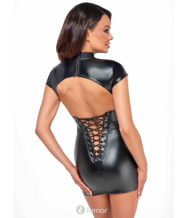 * NOIR handmade Wetlook mini jurk met blote rug Noir Handmade uit de collectie Libido