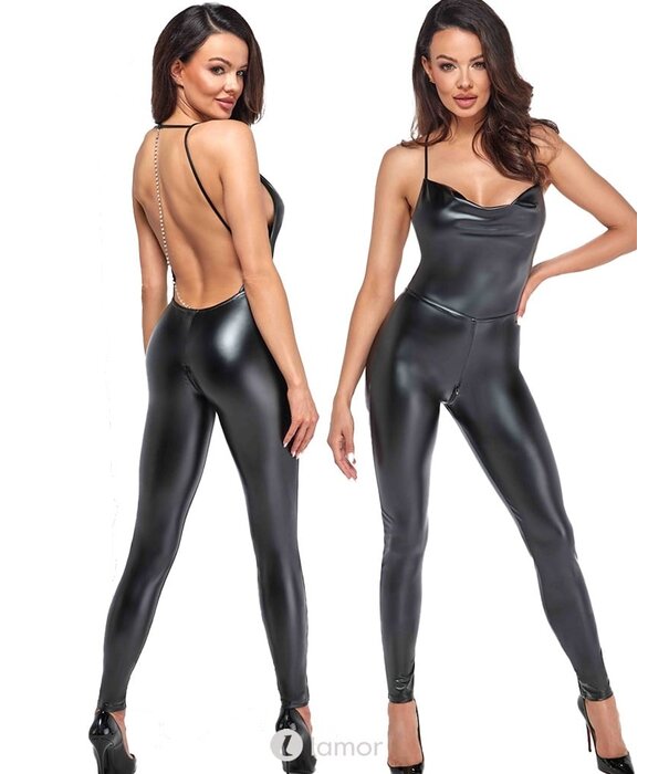* NOIR handmade Wetlook catsuit met afneembare ketting van Noir Handmade Libido
