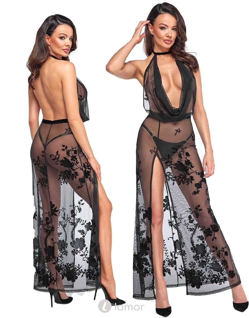 * NOIR handmade Lange tule jurk met bloemen print, F312 afbeelding