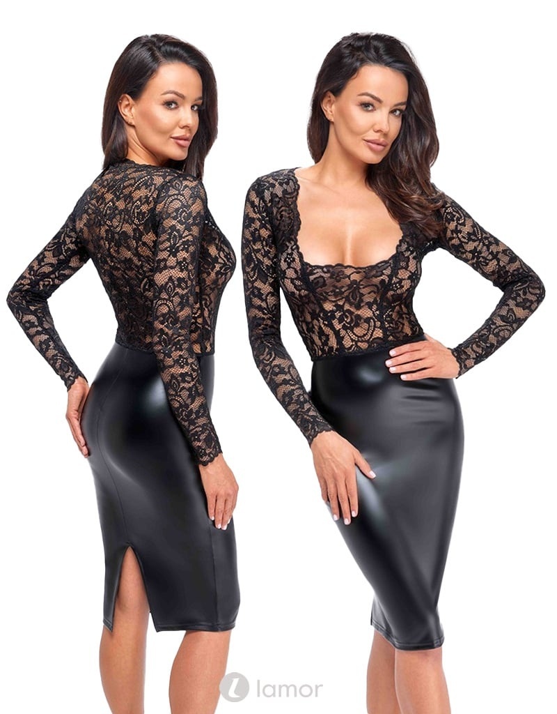 * NOIR handmade Wetlook halflange jurk met kant, F295 afbeelding