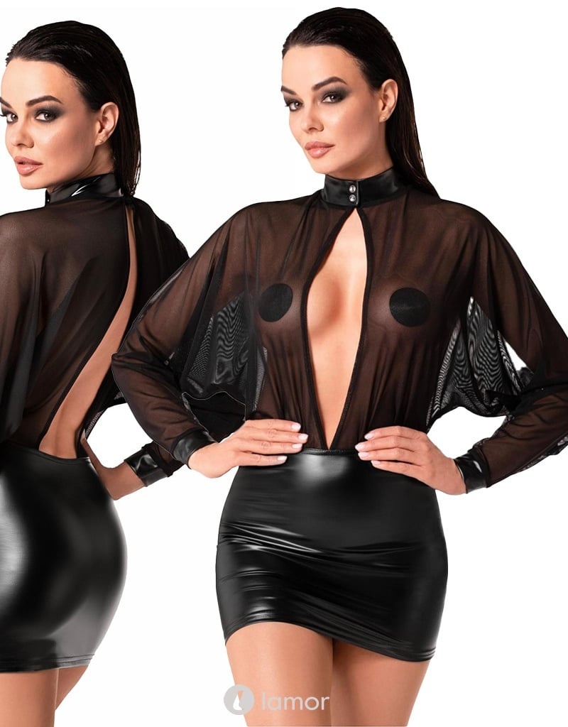 * NOIR handmade Wetlook mini jurkje met tule -F348 afbeelding