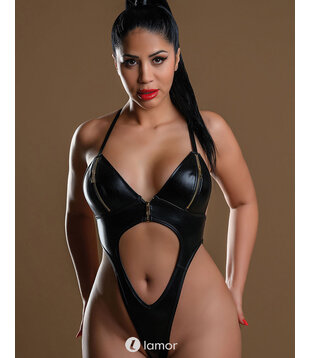 Zwarte wetlook bod met Rits, DI75367