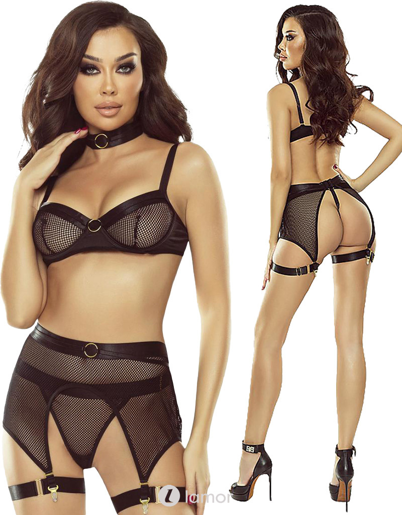 * PROVOCATIVE 4-delige zwarte mesh lingerie set, PR1826 afbeelding