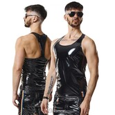 Tanktop gemaakt van zwart, glanzend PVC. Decoratieve linten met LGBTQ+ regenboog het merk RFP